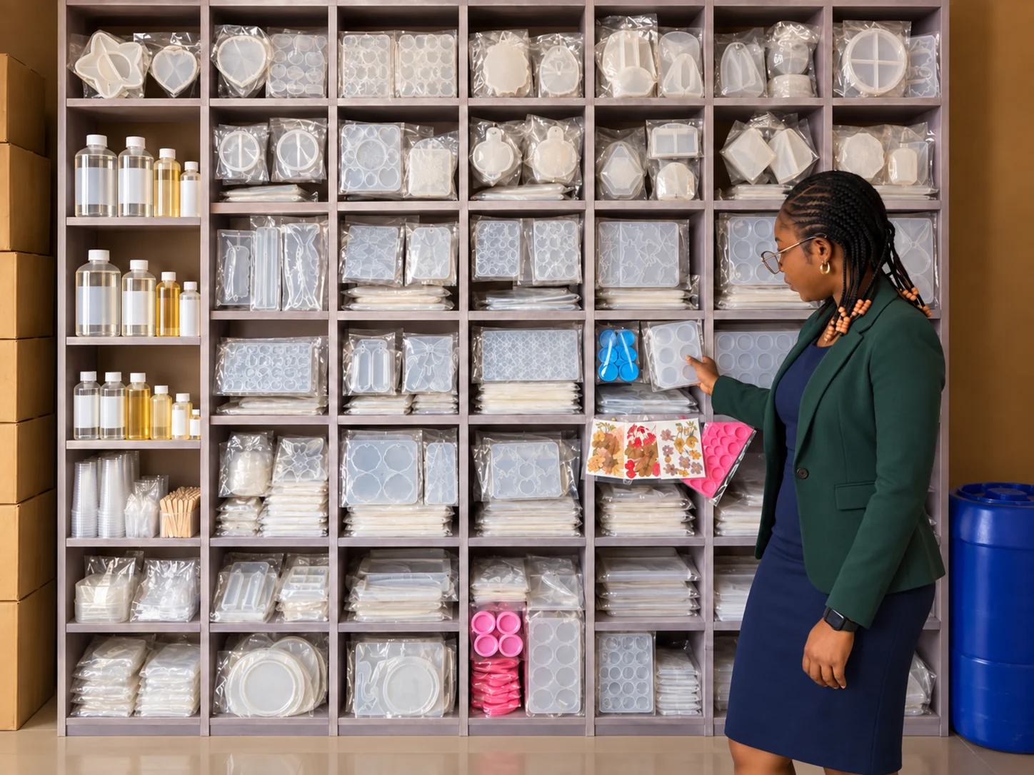 PatChem specialist inspecting the organised silicone mould and resin range